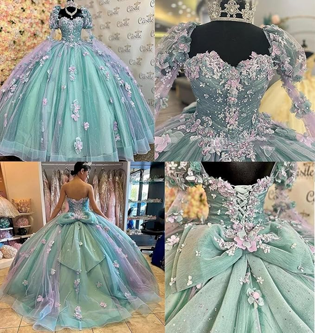 Vestido de quinceañera con flores 3D lilas, mangas largas abullonadas Y6580