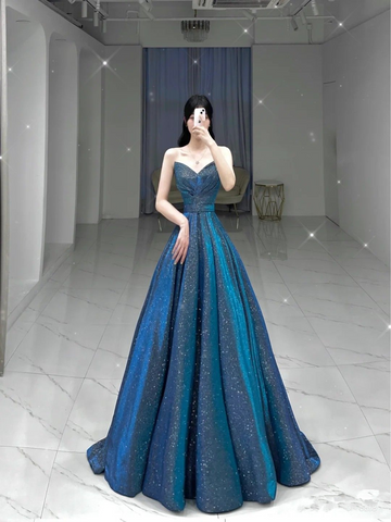 Vestido de noche azul brillante corte A, vestido de princesa azul Y4982