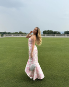 Robe de soirée sirène en satin rose poudré à imprimé floral Y7828