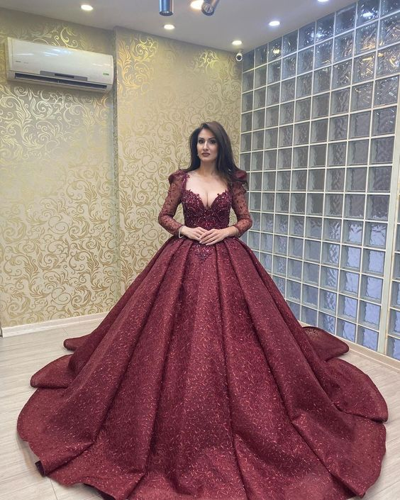 Vestido de gala burdeos de manga larga y lujo, ideal para fiestas de quinceañera (modelo Y6097)