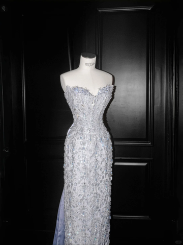 Vestido largo de noche de fiesta, corte sirena, azul, sin tirantes, con lentejuelas y cuentas, modelo Y8654