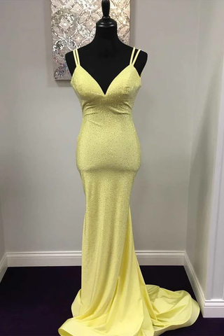 Mermaid Yellow Long Prom Dresses Backless Yellow Prom Dresses Formal Evening Dresses Y1562