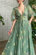 Illusion A-Line V-Neck Half Sleeves Appliques Tulle Prom Formal Dress