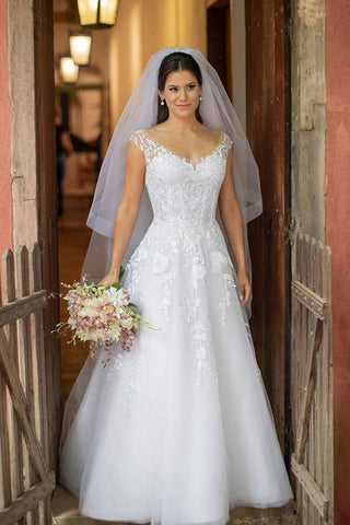 Vestido de novia largo hasta el suelo con encaje floral blanco y escote redondo estilo ilusión WD622
