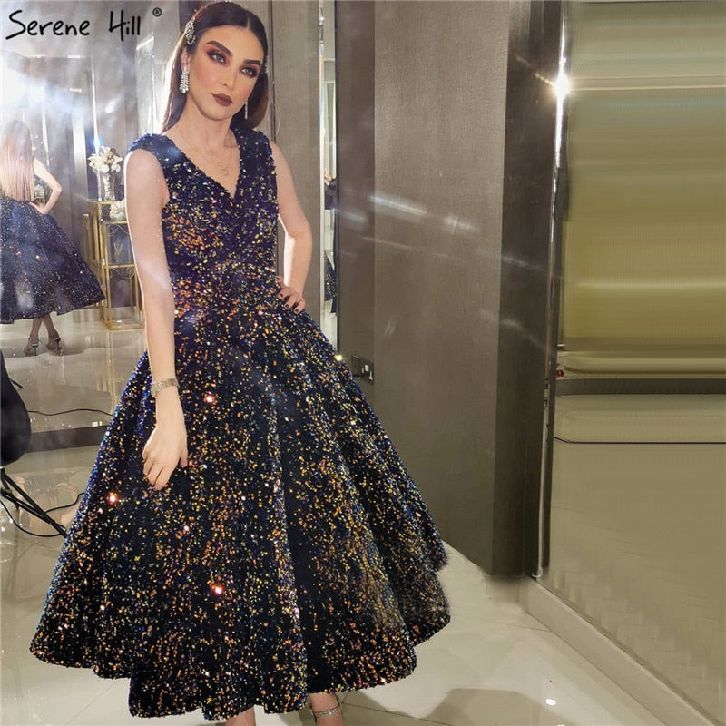 Indigo Blue Gold V-Neck Luxury Evening Dresses 2025 Sleeveless Sequined Sexy Ankle-Length Formal Gowns HA2154