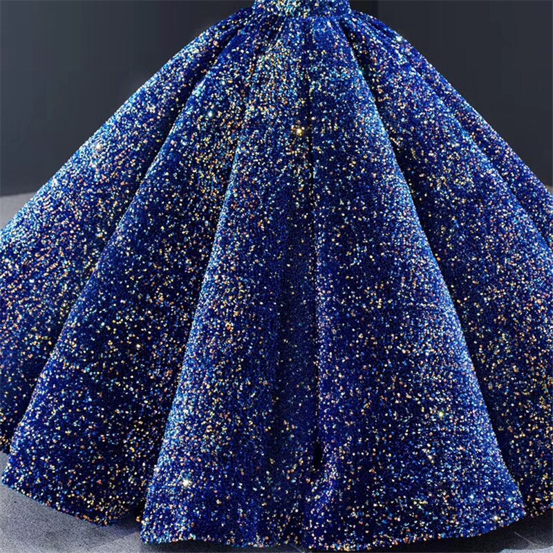 Indigo Blue Gold V-Neck Luxury Evening Dresses 2025 Sleeveless Sequined Sexy Ankle-Length Formal Gowns HA2154