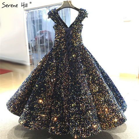 Robe de soirée luxueuse bleu indigo doré, col en V, sans manches, paillettes, sexy, longueur cheville, HA2154 