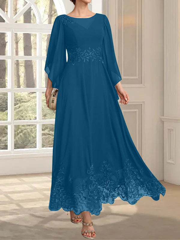 Robe de mère de la mariée en mousseline de dentelle, coupe trapèze, décolleté illusion, longueur cheville, ornée de sequins 