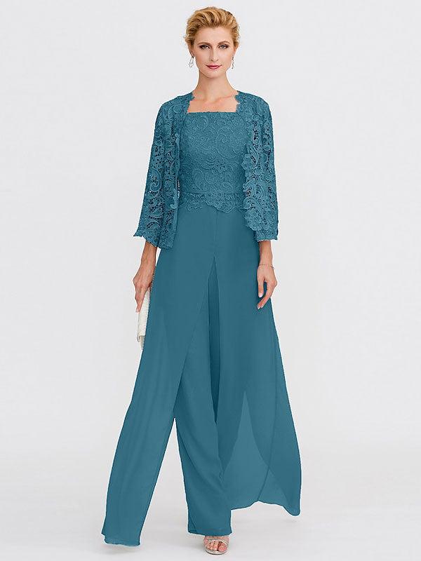 Traje pantalón de chifón de tres piezas con escote cuadrado y chaqueta para la madre de la novia 