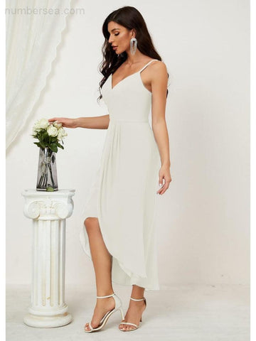 Vestido de dama de honor de gasa con escote en V y abertura media, vestido formal de fiesta, vestido de bienvenida 2803 