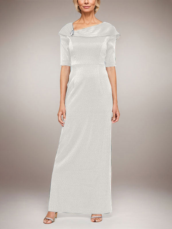Vestido largo columna brillante con puño doblado, escote en L y mangas al codo