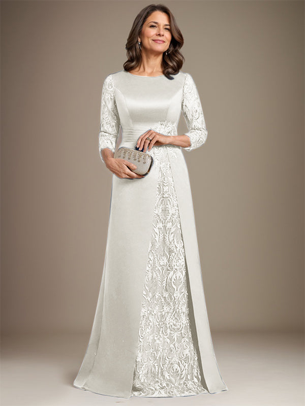 Vestido de novia de corte A, escote redondo, largo hasta el suelo, de satén de encaje, con apliques, para la madre de la novia. 