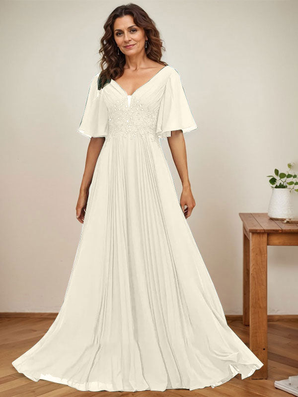 Vestido de corte A, escote en V, largo hasta el suelo, de gasa, para la madre de la novia, con apliques de lentejuelas y encaje plisado. 