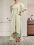 Vestido de corte A, escote en V, asimétrico, de gasa, para la madre de la novia, con lentejuelas y pedrería.