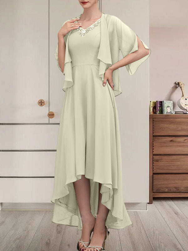 Vestido de corte A, escote en V, asimétrico, de gasa, para la madre de la novia, con lentejuelas y pedrería.