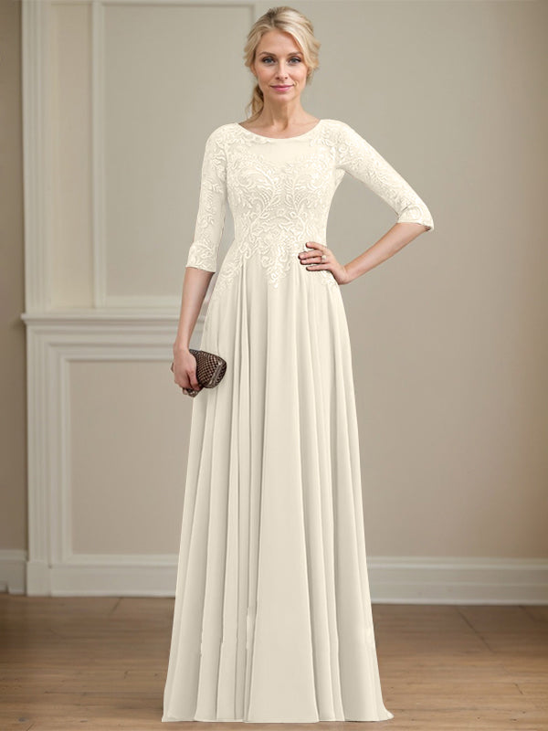 Robe de mère de la mariée en mousseline de dentelle, coupe trapèze, décolleté illusion, longueur au sol, ornée de sequins 