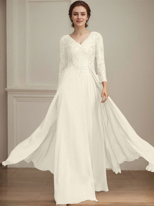 Vestido de novia de corte A, escote en V, largo hasta el suelo, de gasa de encaje con lentejuelas para la madre de la novia 