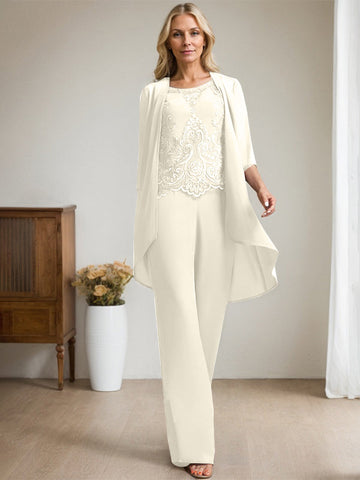Separates Jumpsuit/Pantsuit Scoop Floor-Length Chiffon Lace Mother of the Bride Dress With Beading Sequins