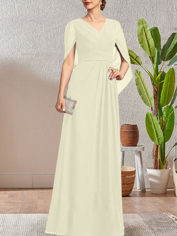 Vestido largo azul marino oscuro de corte A con escote en V para la madre de la novia
