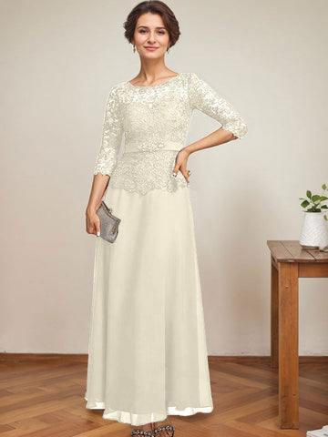 A-line Scoop Illusion Ankle-Length Chiffon Lace Mother of the Bride Dress With Rhinestone Beading