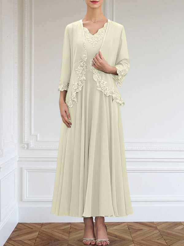 Vestido de corte A, escote en V, largo hasta el tobillo, de gasa, para la madre de la novia, con apliques de lentejuelas, encaje y pedrería.