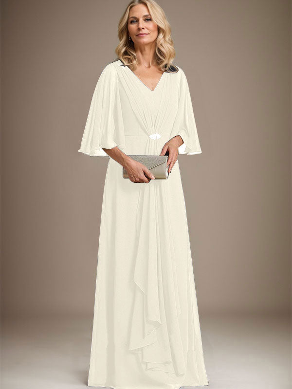 Vestido de corte A, escote en V, largo hasta el suelo, de gasa, para la madre de la novia, con volantes en cascada y broche de cristal. 