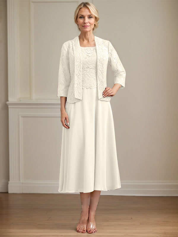 Vestido de corte A con escote redondo y largo hasta la rodilla en gasa de encaje para la madre de la novia 