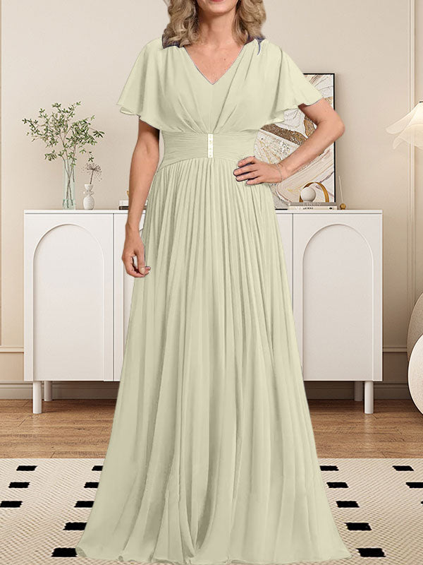 Vestido de gasa de corte A, escote en V, largo hasta el suelo, para la madre de la novia, con broche de cristal y pliegues. 