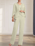 Combinaison/Tailleur-pantalon deux pièces, robe longue en mousseline à col V pour la mère de la mariée