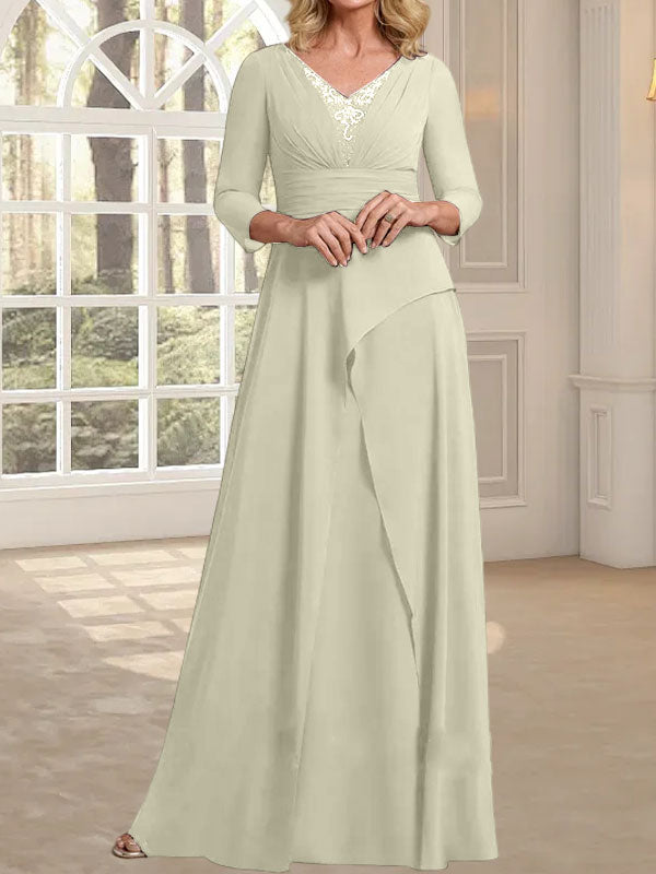 Vestido de gasa de corte A, escote en V, largo hasta el suelo, para la madre de la novia, con plisados ​​y cuentas.