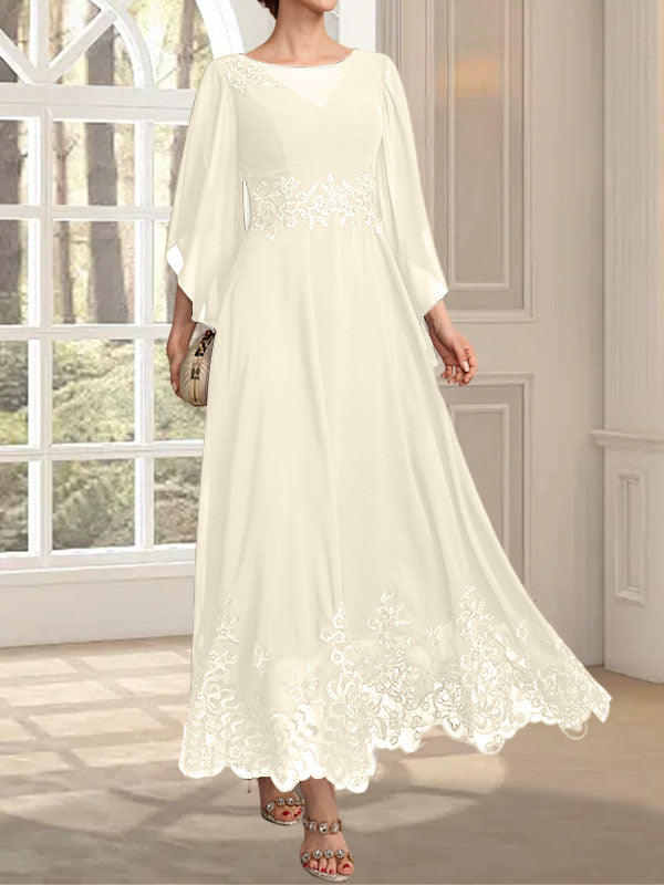 Robe de mère de la mariée en mousseline de dentelle, coupe trapèze, décolleté illusion, longueur cheville, ornée de sequins 