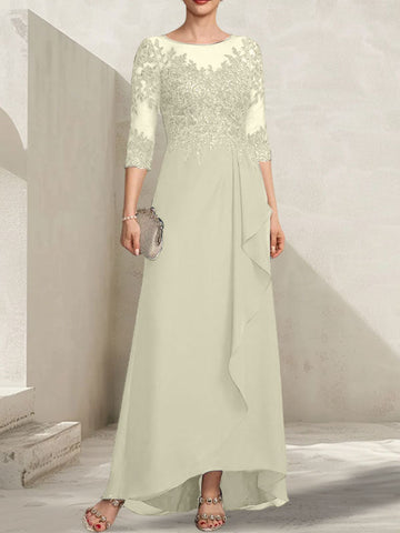 A-line Scoop Illusion Asymmetrical Lace Chiffon Mother of the Bride Dress With Sequins Cascading Ruffles