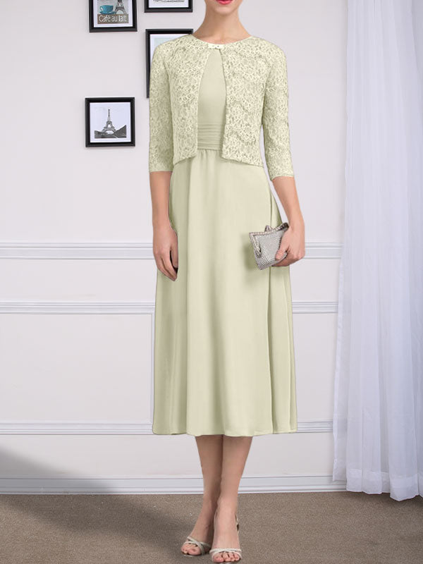 Vestido de chifón de corte línea A, largo té, para la madre de la novia, con escote redondo y pliegues.