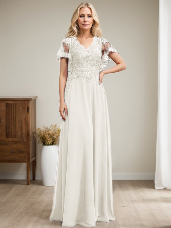 Vestido de novia de corte A, escote en V, largo hasta el suelo, de gasa de encaje con lentejuelas para la madre de la novia 