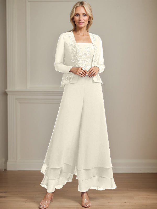 Conjunto de pantalón y chaqueta de dos piezas, corte cuadrado, largo hasta el tobillo, encaje, gasa, vestido de madre de la novia con lentejuelas 