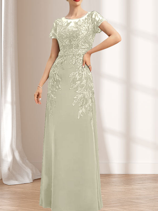 Vestido de novia de corte recto/columna, escote redondo, ilusión, largo hasta el suelo, de encaje y gasa con lentejuelas.