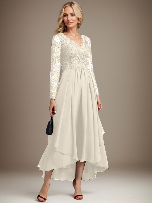 Vestido de novia de gasa con encaje asimétrico, escote en V y corte en A para la madre de la novia 