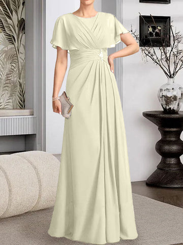A-line Scoop Floor-Length Chiffon Mother of the Bride Dress With Pleated Beading