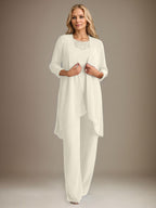 Tailleur-pantalon en mousseline à manches longues et col rond pour la mère de la mariée, avec veste 