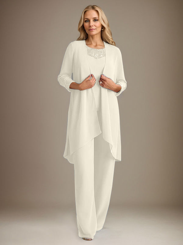 Traje pantalón de gasa con escote redondo y mangas largas para la madre de la novia, con chaqueta. 