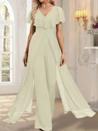 Combinaison-pantalon robe de soirée longue en mousseline à col en V