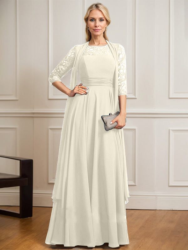 Robe de mère de la mariée en mousseline de dentelle, coupe trapèze, décolleté plongeant illusion, longueur au sol, avec plis. 