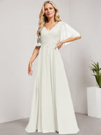 Vestido de novia de corte A, escote en V, largo hasta el suelo, de gasa de encaje con lentejuelas para la madre de la novia 