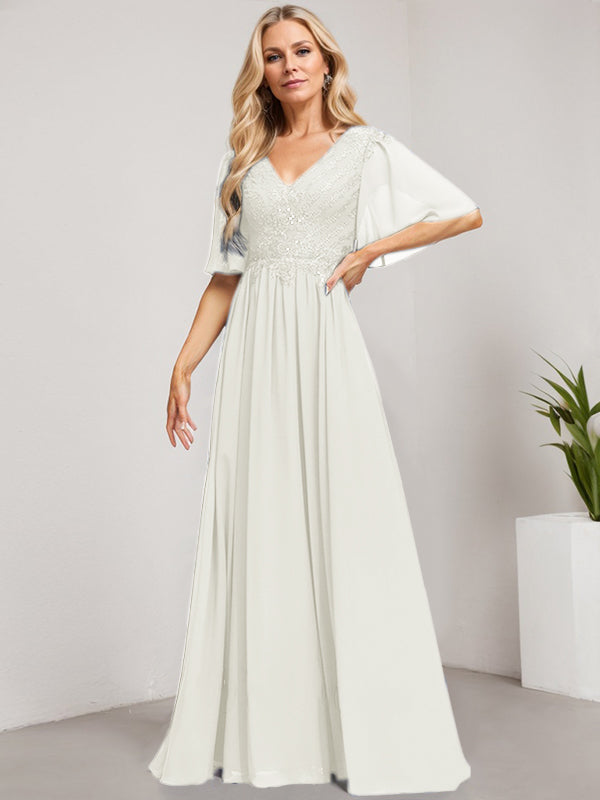 Vestido de novia de corte A, escote en V, largo hasta el suelo, de gasa de encaje con lentejuelas para la madre de la novia 