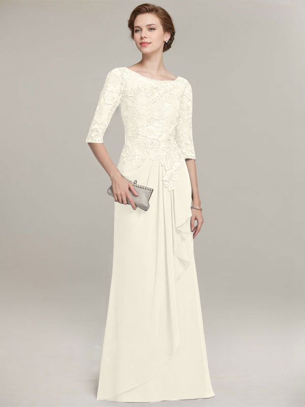 Robe de mère de la mariée en mousseline de dentelle, coupe trapèze, décolleté illusion, longueur au sol, avec volants cascade 