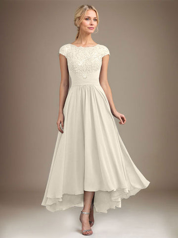 A-line Scoop Illusion Asymmetrical Lace Chiffon Mother of the Bride Dress With Pleated