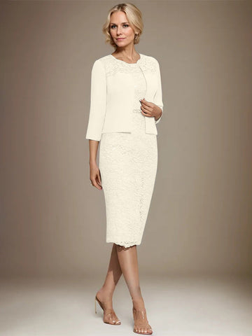 Robe fourreau/colonne en mousseline de soie et dentelle, longueur genou, ornée de perles, pour la mère de la mariée 