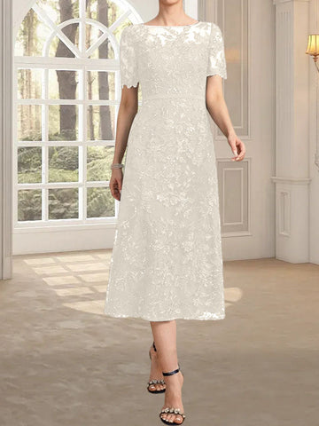 A-line Scoop Illusion Tea-Length Lace Mother of the Bride Dress With Sequins