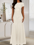 Robe sirène bleu marine foncé à sequins et tulle, décolleté rond, robe en tulle bleu marine foncé