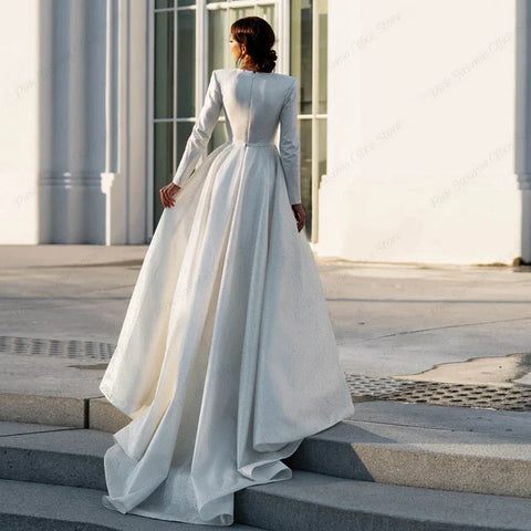 Ivory V Neck Full Sleeve Wedding Dresses Empire Stretch Satin Prom Gowns Zipper Back Summer New Luxury Vestidos De Novia